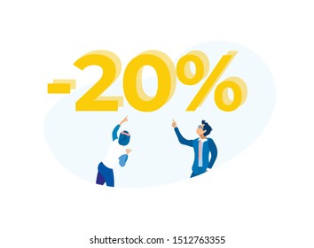 Cartoon Man and Woman Customers Characters Point to Minus Twenty Percent Text Sale Discount. Printable Promotion Poster. Online Shopping Application Advertisement. Vector Flat Illustration
