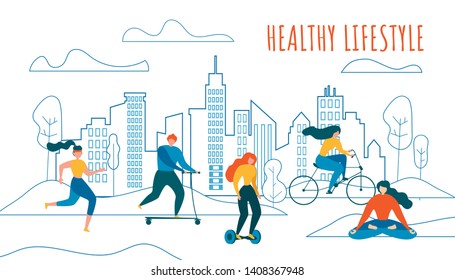 Cartoon Man and Woman Cycling, Run, Jogging, Ride Scooter Hoverboard, Meditate Outdoors Vector Illustration. City Building Silhouette on Background. Physical Activity Sport Training, Healthy Life - Shutterstock ID 1408367948