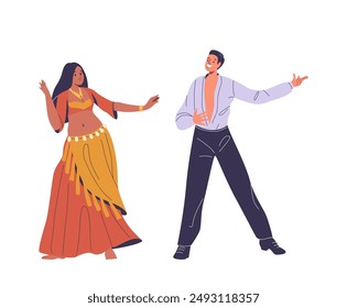 Cartoon Man And Woman Dancing In Different Styles. Female Character Dressed In Traditional Dance Attire