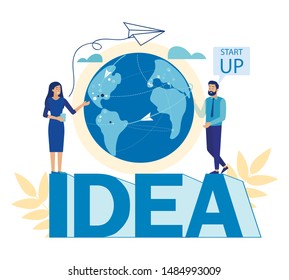 Cartoon Man and Woman Developers Characters Presenting New Global Idea for Corporate Startup. Business Information and Chart Control. Worldwide Communication and Link. Vector Flat Illustration