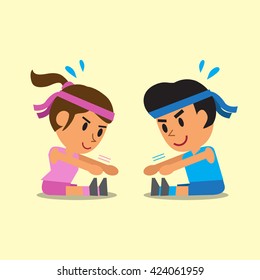 Cartoon man and woman do sitting toe touch exercise