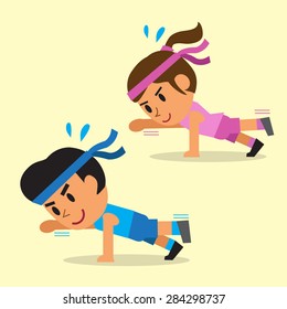 Cartoon a man and a woman doing the alternate arm and leg plank workout