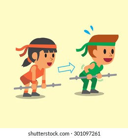 Cartoon a man and a woman doing bent over barbell row exercise step training
