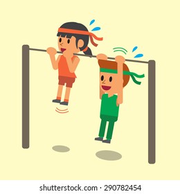 Cartoon a man and a woman doing chin ups exercise together