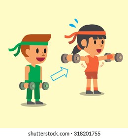 Cartoon a man and a woman doing dumbbell lateral raise exercise step training