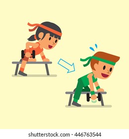 Cartoon man and woman doing dumbbell row exercise step training