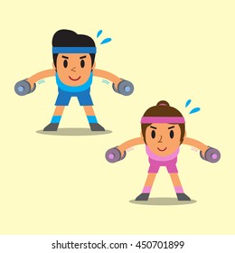 Cartoon man and woman doing dumbbell bent over lateral raise exercise