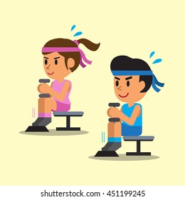 Cartoon man and woman doing dumbbell seated calf raise exercise