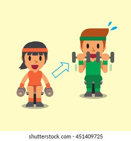 Cartoon man and woman doing dumbbell curl exercise step training