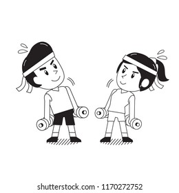 Cartoon man and woman doing dumbbells exercise for design.