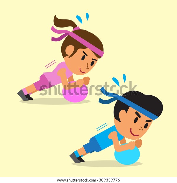 Cartoon Man Woman Doing Exercise Ball Stock Vector (Royalty Free ...