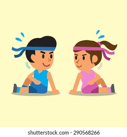 Cartoon, a man and a woman doing gluteal and lumbar rotation stretch exercise