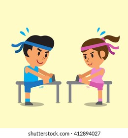 Cartoon Man And Woman Doing Hamstring Stretch Exercise