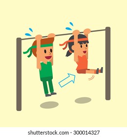 Cartoon a man and a woman doing L hang exercise step training