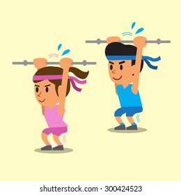 Cartoon a man and a woman doing overhead barbell squats exercise