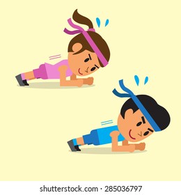 Cartoon a man and a woman doing plank exercise training