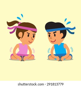 Cartoon a man and a woman doing the sitting adductor stretch exercise