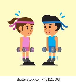 Cartoon man and woman doing standing dumbbell calf raise exercise
