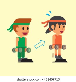Cartoon man and woman doing standing dumbbell calf raise exercise step training