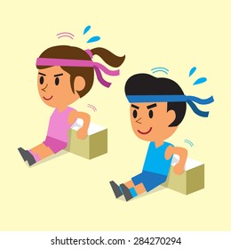 Cartoon a man and a woman doing the triceps bench dips workout