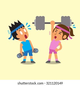 Cartoon Man And Woman Doing Weight Training