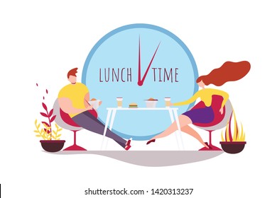 Cartoon Man and Woman Eating Together. Lunch Time Vector Illustration. Cafe Dinner, Takeaway Asian Food Box, Work Break Lunchbox. Hungry People Couple Sit Cafeteria Table Drink Coffee Cup