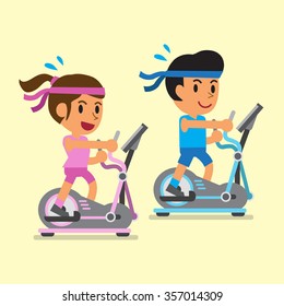 Cartoon a man and a woman exercising on elliptical machines