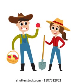 Cartoon man and woman farmers with fruits and tools isolated on white. Standing and smyling male and female character with apple and shovel