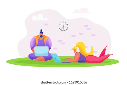 Cartoon man and woman freelancers working sitting and lying at floor with laptops. Cartoon freelancer working at home. Vector characters programmer or designer and remote work.