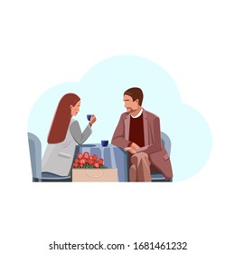 Cartoon man and woman having lunch or dinner at cafe or restaurant vector illustration. Colorful couple sitting at table and drink something. 