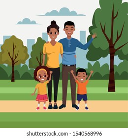 cartoon man and woman with his kids in the park, colorful design. vector illustration