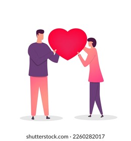 Cartoon man and woman hold heart shape, illustration