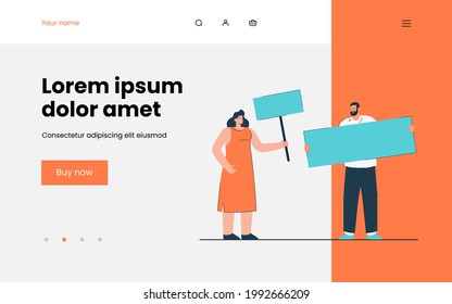 Cartoon man and woman holding banners. Flat vector illustration. Activists taking part in demonstration or rebelling with placards. Protest, activism, demonstration, march, movement, freedom concept