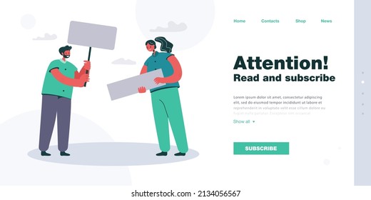 Cartoon man and woman holding blank placard and banner. Male and female characters at demonstration flat vector illustration. Politics, freedom, human rights concept for website design or landing page
