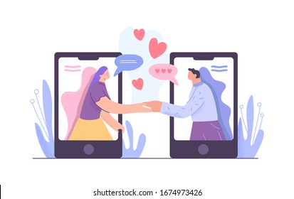 Cartoon man and woman holding hands meeting at dating app vector flat illustration. Enamored male and female users acquaintance in social network at screen of smartphone isolated on white