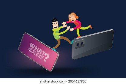 Cartoon man and woman hug standing on mobile phones. Vector banner