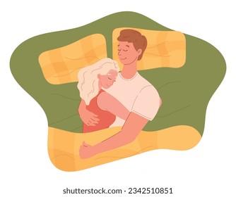 Cartoon Man and woman hugging in bed under the blanket. Vector isolated flat illustration of a sleeping couple in love.