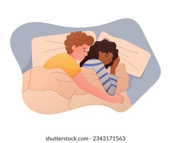 Cartoon Man and woman hugging in bed under the blanket. Vector isolated flat illustration of a sleeping couple in love.