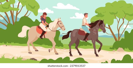 Cartoon man and woman in jockey outfit sitting on backs of running horses, horseriding lesson or walk of young equestrians with riders gear. Horse ride of couple in nature vector illustration