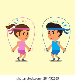 Cartoon a man and a woman jumping ropes together