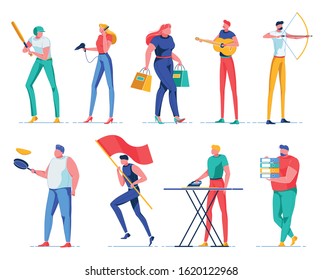 Cartoon Man and Woman in Life Spheres Flat Cartoon Vector Illustration. Girl Drying Hair with Fan, Going Shopping. Guy Playing Guitar, Archery, Cooking Pancakes, Running with Flag, Ironing Clothing.