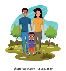 Cartoon man and woman with little boy in the park over white background, colorful design, vector illustration
