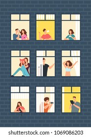 Cartoon man and woman neighbors in apartment windows in building. Happy neighborhood vector flat concept. Building window with man or woman character illustration