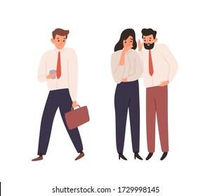 Cartoon man and woman office worker gossiping about colleague vector flat illustration. Male and female talking and whispering together isolated on white. Business people spreading rumors at work