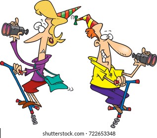 Cartoon Man And Woman On Pogo Sticks With Party Hats And Binoculars