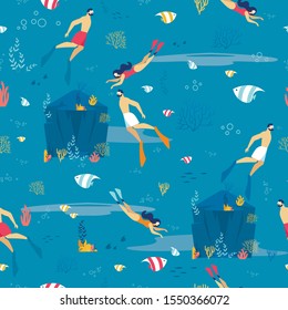 Cartoon Man and Woman People Characters in Swimwear Swimming in Sea. Diving. Underwater World Exploration Seamless Pattern. Exotic Resort. Seaweed, Fish, Cave. Flat Vector Repeated Illustration