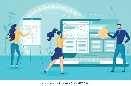 Cartoon Man Woman People Team Characters Developing Analytic Trends and Financial Strategy for Optimization, Site Creation. Seo Reporting, Data Monitoring, Web Traffic Analysis. Vector Illustration