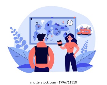 Cartoon man and woman planning trip. Flat vector illustration. Happy couple standing near map with backpack and passport and dreaming about car family travel. Family trip, travel, tourism concept