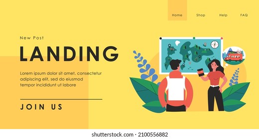 Cartoon man and woman planning trip. Flat vector illustration. Happy couple standing near map with backpack and passport and dreaming about car family travel. Family trip, travel, tourism concept