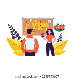Cartoon man and woman planning trip. Flat vector illustration. Happy couple standing near map with backpack and passport and dreaming about car family travel. Family trip, travel